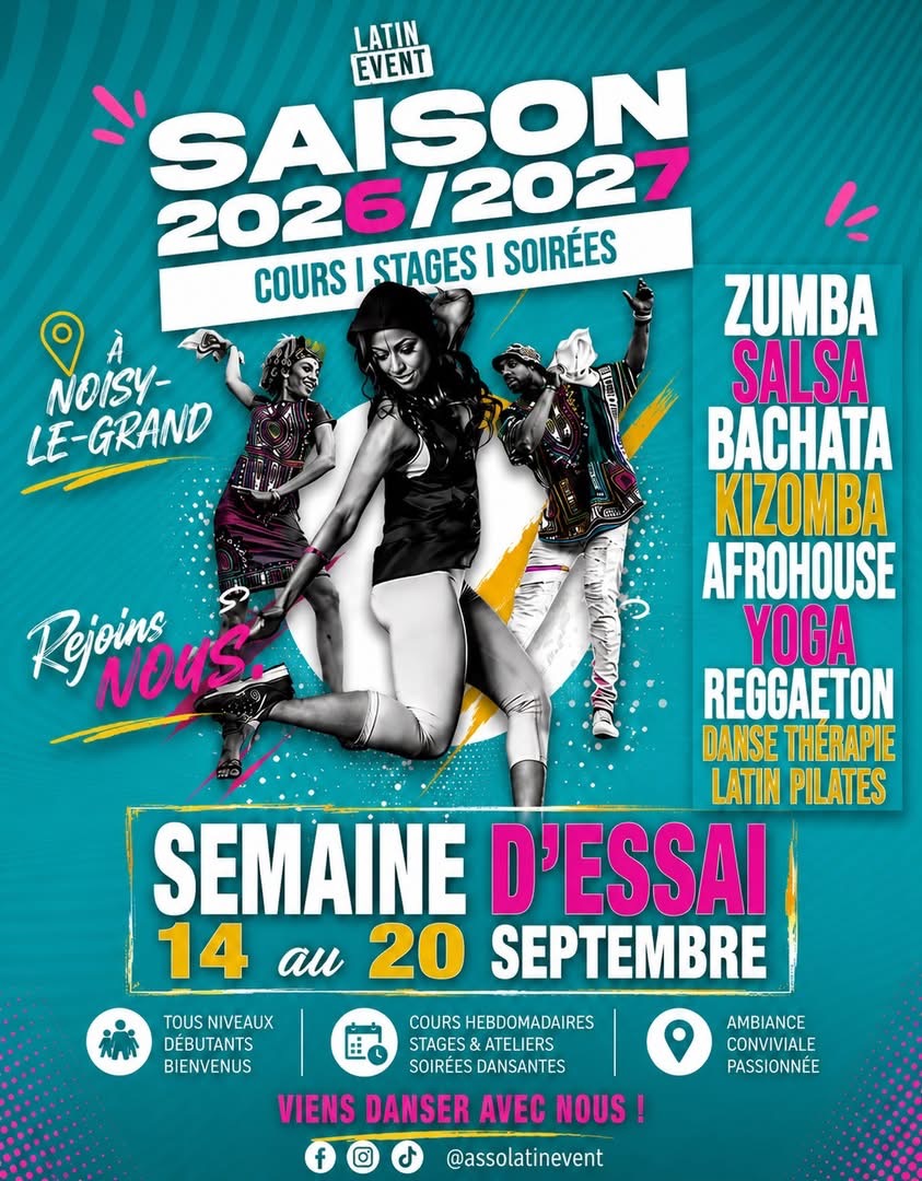 Flyer de la semaine d’essai Latin Event du 14 au 20 septembre 2026 à Noisy-le-Grand